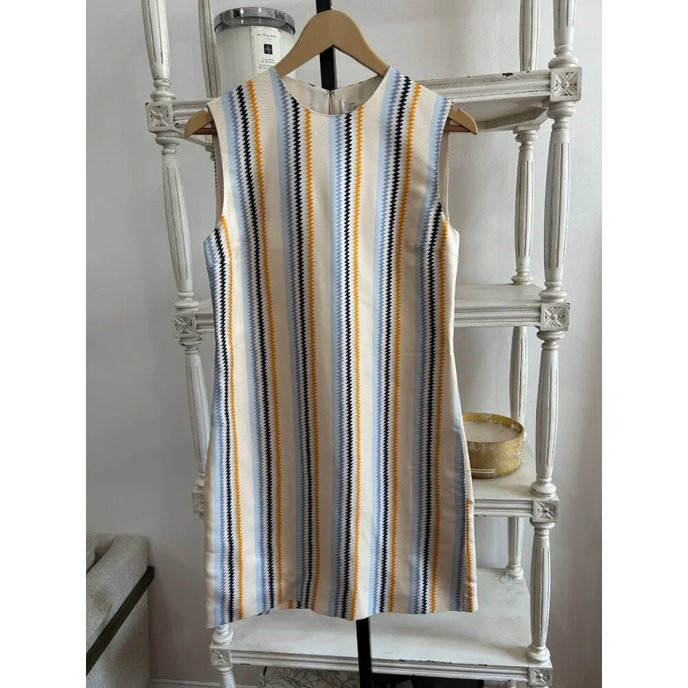 Victoria Beckham Sheath Dress Size 2 Silk Orange & Blue Zigzag Striped MCM Retro